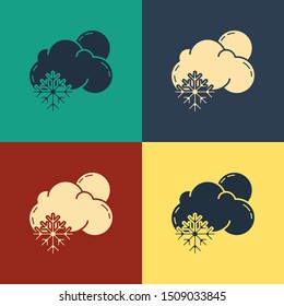 Color Cloud with snow and sun icon isolated on color background. Cloud with snowflakes. Single weather icon. Snowing sign. Vintage style drawing. Vector Illustration