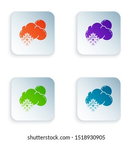 Color Cloud with snow and sun icon isolated on white background. Cloud with snowflakes. Single weather icon. Snowing sign. Set icons in colorful square buttons. Vector Illustration