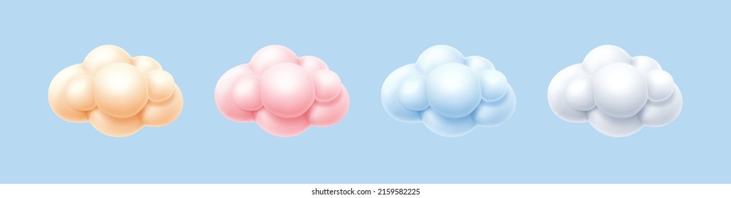 Color clouds 3D spheres set, liquid balls or multicolor metaballs or blobs. Vector illustration of abstract glossy cloud of yellow, pink, blue and white colors. Creative sky background