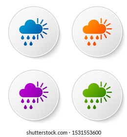 Color Cloudy with rain and sun icon isolated on white background. Rain cloud precipitation with rain drops. Set icons in circle buttons. Vector Illustration