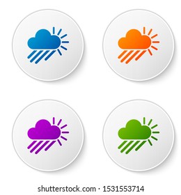 Color Cloudy with rain and sun icon isolated on white background. Rain cloud precipitation with rain drops. Set icons in circle buttons. Vector Illustration