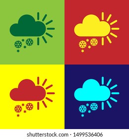 Color Cloudy with snow icon isolated on color background. Cloud with snowflakes. Single weather icon. Snowing sign.  Vector Illustration