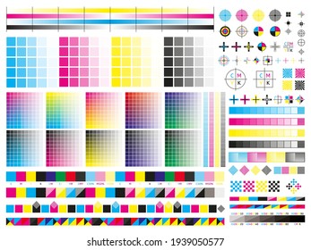 Color cmyk management elements. Offset print registration plates, gradient, cmyk color mixing panel. Printing control marks vector illustration set svg
