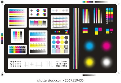 Color cmyk management elements. Offset print registration plates, gradient, cmyk color mixing panel. Printing control marks vector illustration set