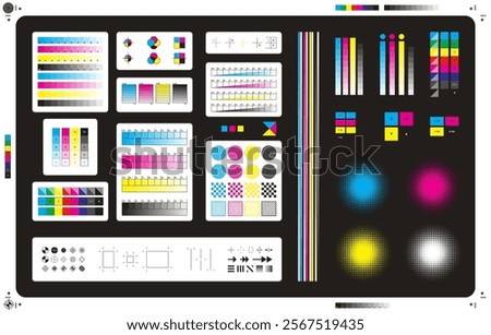 Color cmyk management elements. Offset print registration plates, gradient, cmyk color mixing panel. Printing control marks vector illustration set