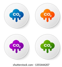 Color CO2 emissions in cloud icon isolated on white background. Carbon dioxide formula symbol, smog pollution concept, environment concept. Set color icon in circle buttons. Vector Illustration