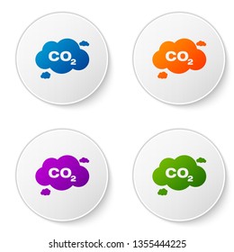 Color CO2 emissions in cloud icon isolated on white background. Carbon dioxide formula symbol, smog pollution concept, environment concept. Set color icon in circle buttons. Vector Illustration