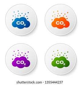 Color CO2 emissions in cloud icon isolated on white background. Carbon dioxide formula symbol, smog pollution concept, environment concept. Set color icon in circle buttons. Vector Illustration