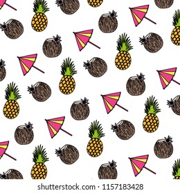 color coconut beverage with umbrella and pineapple background