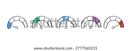 Color coded gauge icon set in hand drawn style. Blue, green, yellow, orange, and red segments. Safety levels, priority, or risk assessment. Vibrant vector infographic, management or security status