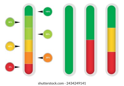 Color coded progress, vertical level indicator with percentage units. Vector illustartion