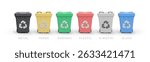 Color Coded Recycling Bins For Metal, Paper, Organic, Plastic, E-Waste And Glass In 3D Minimal Style. Waste Sorting And Sustainability Concept For Clean Environment. Vector Illustration