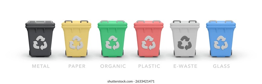 Color Coded Recycling Bins For Metal, Paper, Organic, Plastic, E-Waste And Glass In 3D Minimal Style. Waste Sorting And Sustainability Concept For Clean Environment. Vector Illustration