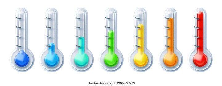 Color coded thermometer icon. Temperature scale, heat and cold level vector Illustration set