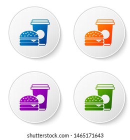 Color Coffee and burger icon isolated on white background. Fast food symbol. Set icons in circle buttons. Vector Illustration