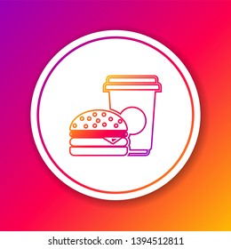 Color Coffee and burger line icon isolated on color background. Fast food symbol. Circle white button. Vector Illustration