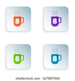 Color Coffee cup with 8 March icon isolated on white background. Tea cup. Hot drink coffee. International Happy Women Day. Set colorful icons in square buttons. Vector Illustration