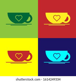 Color Coffee cup and heart icon isolated on color background. Couple coffee for lovers on Valentines Day.  Vector Illustration