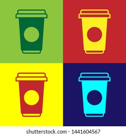Color Coffee cup icon isolated on color backgrounds. Disposable coffee cup with hot coffee. Vector Illustration