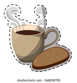 Color coffee cup with steam and bread icon, vector illustration