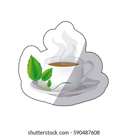 color coffee cup with steam and leaves in the plate, vector illustraction