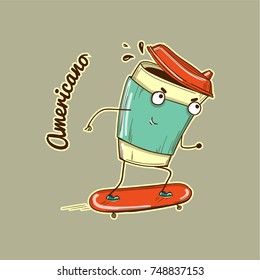 Color coffee cup young character on skateboard