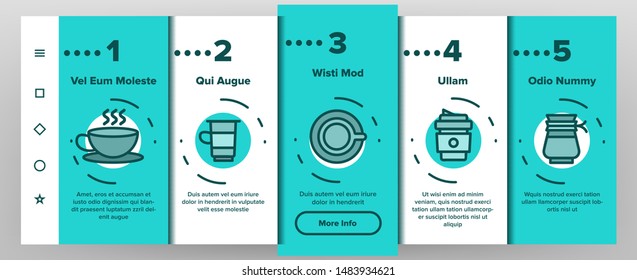 Color Coffee Equipment Onboarding Mobile App Page Screen Vector Thin Line. Coffee And Latte Cup, Beverage Machine And Brewing Pot. Morning Energetic Drink Contour Illustrations
