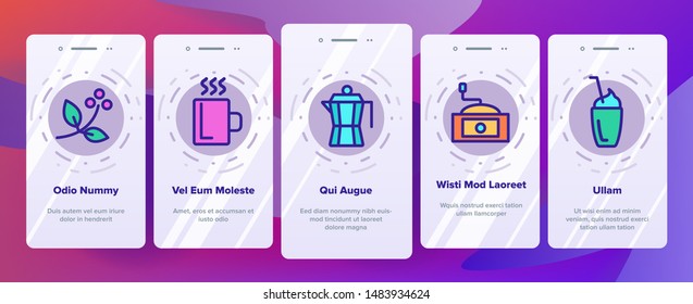 Color Coffee Equipment Onboarding Mobile App Page Screen Vector Thin Line. Coffee And Latte Cup, Beverage Machine And Brewing Pot. Morning Energetic Drink Contour Illustrations