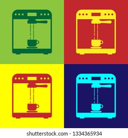 Color Coffee machine and coffee cup icon isolated on color backgrounds. Flat design. Vector Illustration 
