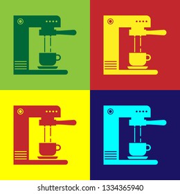 Color Coffee machine and coffee cup icon isolated on color backgrounds. Flat design. Vector Illustration 