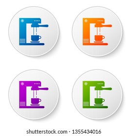 Color Coffee machine and coffee cup icon isolated on white background. Set color icon in circle buttons. Vector Illustration