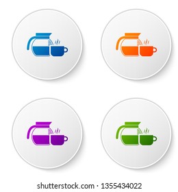 Color Coffee pot with cup icon isolated on white background. Set color icon in circle buttons. Vector Illustration