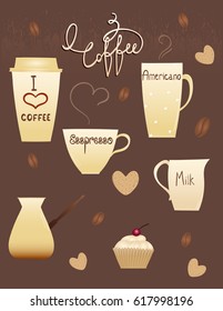 Color coffee set isolated on brawn background. Vector illustration.