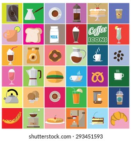 color coffee shop icons in color square. In vector style