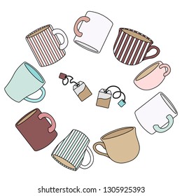Color coffee or tea cups. Vector illustration.