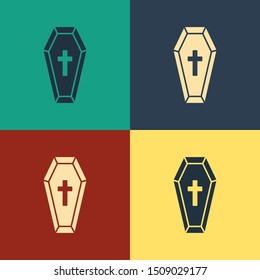Color Coffin with christian cross icon isolated on color background. Happy Halloween party. Vintage style drawing. Vector Illustration