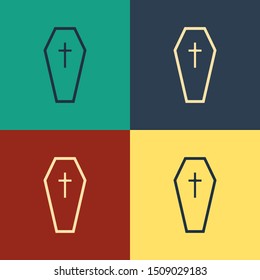Color Coffin with christian cross icon isolated on color background. Happy Halloween party. Vintage style drawing. Vector Illustration