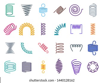 Color coil spirals. Metal coils, flexible wire springs and spiral spring. Vape coils, industrial flexibly absorber steel shrunk spirals equipment. Colorful isolated vector icons set