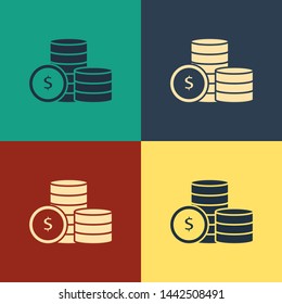 Color Coin money with dollar symbol icon isolated on color background. Banking currency sign. Cash symbol. Vintage style drawing. Vector Illustration