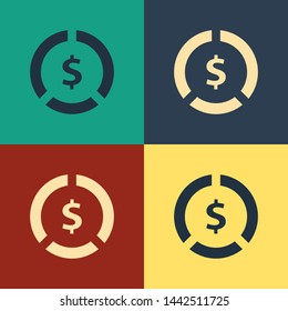 Color Coin money with dollar symbol icon isolated on color background. Banking currency sign. Cash symbol. Vintage style drawing. Vector Illustration