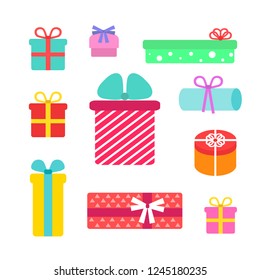 Color collection of 10 flat gift boxes. Vector set.