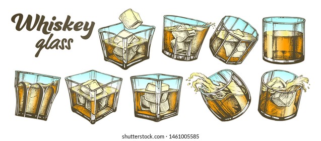 Color Collection Classical Irish Whiskey Glass Set . Different Design Glass With Strong Booze Traditional Scotch, Splash And Waves, Ice Cube And Drop. Chilled Frost Alcoholic Drink Illustration