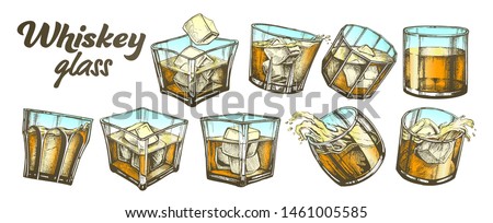 Color Collection Classical Irish Whiskey Glass Set . Different Design Glass With Strong Booze Traditional Scotch, Splash And Waves, Ice Cube And Drop. Chilled Frost Alcoholic Drink Illustration