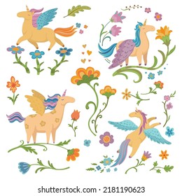 Color collection of cute winged unicorns and floral elements
