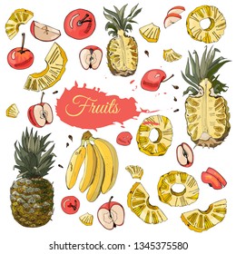 Color collection of different fruits. Whole and sliced objects isolated on white background. Hand drawn sketch. Vector illustration.