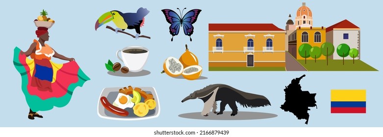 Color Collection of Illustrations. A woman in a national Colombian costume. Famous architecture, grenadilla, ant-eater, butterflies, Colombian food, Colombian coffee, map and flag of Colombia. Vector 