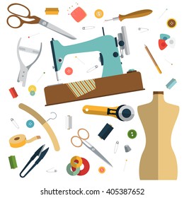 Color collection of objects for sewing, handicraft and handmade.Sewing tools and sewing kit,sewing equipment, needle, sewing machine, sewing pin, yarn.Retro vintage.Minimal flat vector illustration.