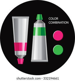 Color combinations. Two contrast harmony colors. Paint tubes vector illustration. Green and pink dyes.