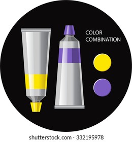 Color combinations. Two contrast harmony colors. Paint tubes vector illustration. Yellow and purple dyes.