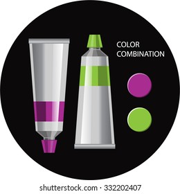 Color combinations. Two contrast harmony colors. Paint tubes vector illustration. Light green and purple dyes.